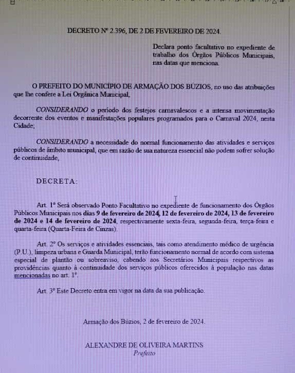 Prefeitura de Búzios decreta ponto facultativo no Carnaval – Prefeitura Municipal de Armação dos Búzios